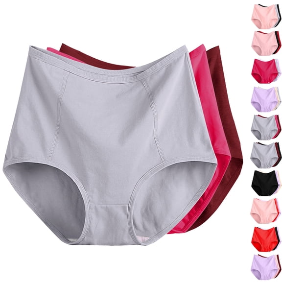 3PC Women's Soft Underwear Double Support Stretch Brief Panties Underwear for Women Plus Size Solid Color High Waist Leak Proof Cotton Underwear Breathable Panties Period Underwear XL-6XL