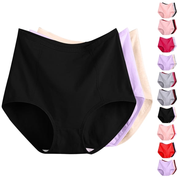 3PC Women's Soft Underwear Double Support Stretch Brief Panties Underwear for Women Plus Size Solid Color High Waist Leak Proof Cotton Underwear Breathable Panties Period Underwear XL-6XL