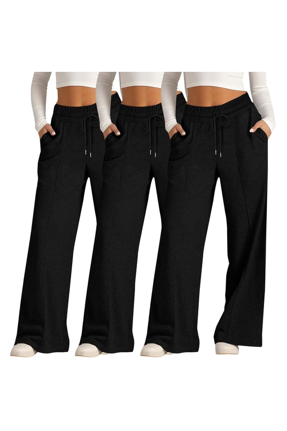 3PC Women's Wide Leg Pants Set, High Waist Drawstring Trousers, Soft Solid Color Lounge Pants, Casual Comfortable Palazzo Pants for Summer and Daily Wear Black