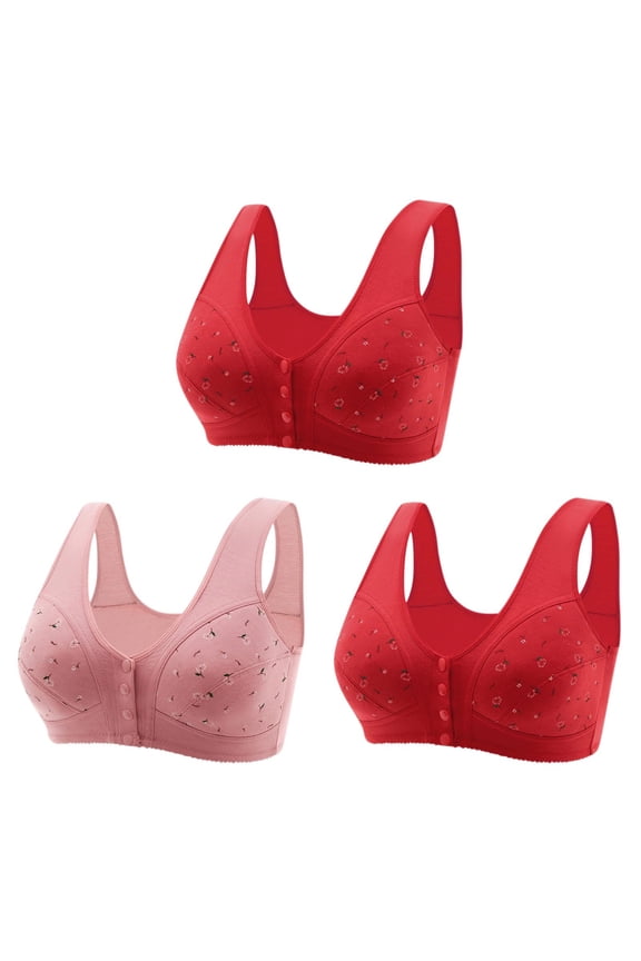3PC Womens Bras Plus Size Front Closure No Steel Ring Wireless Full Coverage Snap Closing Bras for Seniors Pink 2XL