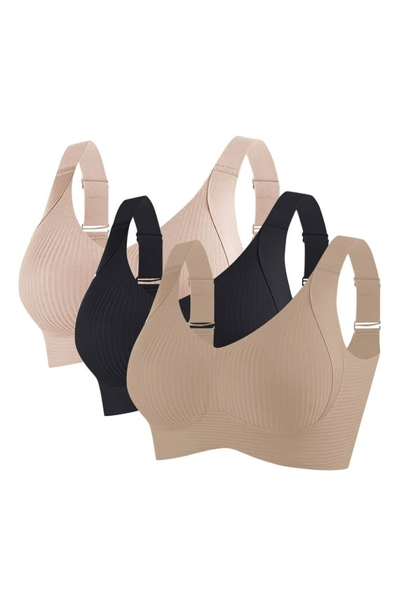 3PC Womens Wireless Bras No Underwire Push Up Bra Seamless Ribbed Cozy Full Coverage Adjustable Straps Everyday Bra