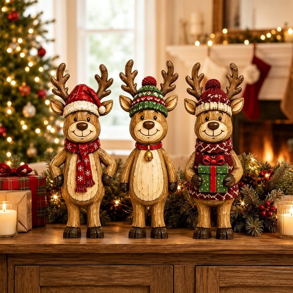 3PC Wooden Christmas Reindee Tabletop Decorations, 4.72 Inch Indoor Figurines Ornament, Christmas Desktop Decor for Holiday Display