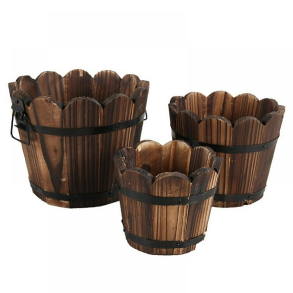 3PC/lot Wooden Planter Barrel,Retro Wooden Flower Pot Bucket Barrel,Rustic Flower Pots Boxes Container with Drain Hole for Succulent Flower Plants,Patio Garden Courtyard Outdoor Indoor Decor