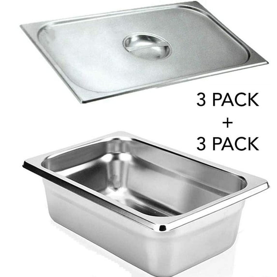 3PCK 1/3 Size 2 1/2"Deep Stainless Steel Steam Table Hotel Pans w/3PCK Pan Cover
