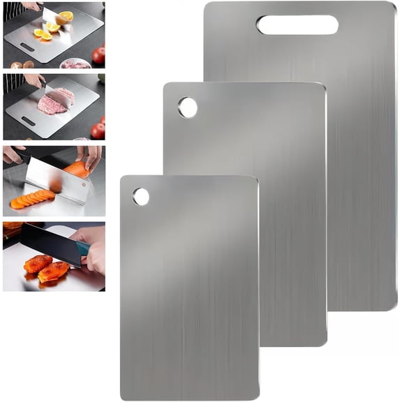 3PCS 100% Pure Stianless Cutting Board Set of 3, Double-Sided Food-Grade Pure Cut Titanium Cutting Boards for Kitchen Dishwasher Safe, Charcuterie Chopping Board Mat for Meat, Fruit & Vegetable