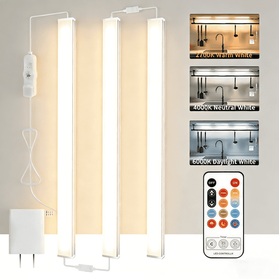 3PCS 12" Under Cabinet Lights, LED Kitchen Countertop Lighting, Support 5 Color Temperatures, Remote Control, Dimmable, Suitable for Under Cabinets, Kitchen Countertops, Work Surfaces