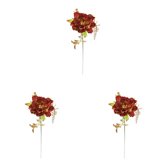 3PCS 13.4 Inch Red Brown Artificial Magnolia Stem Spray, Gold Stamen Faux Floral Pick Bendable Wire Stem for Fall Thanksgiving Arrangement Centerpiece Indoor Home Decor