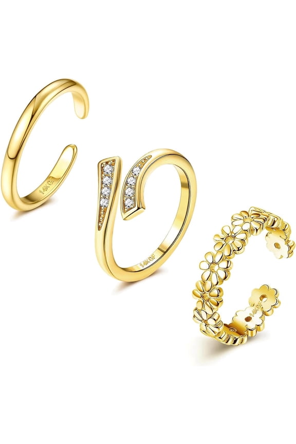 3PCS 14K Gold Filled Toe Rings for Women Adjustable Silver Gold Toe Ring Set Cute Opal CZ Daisy Flower Toe Rings Open Band Hawaiian Beach Summer Foot Jewelry for Women Gold Plated