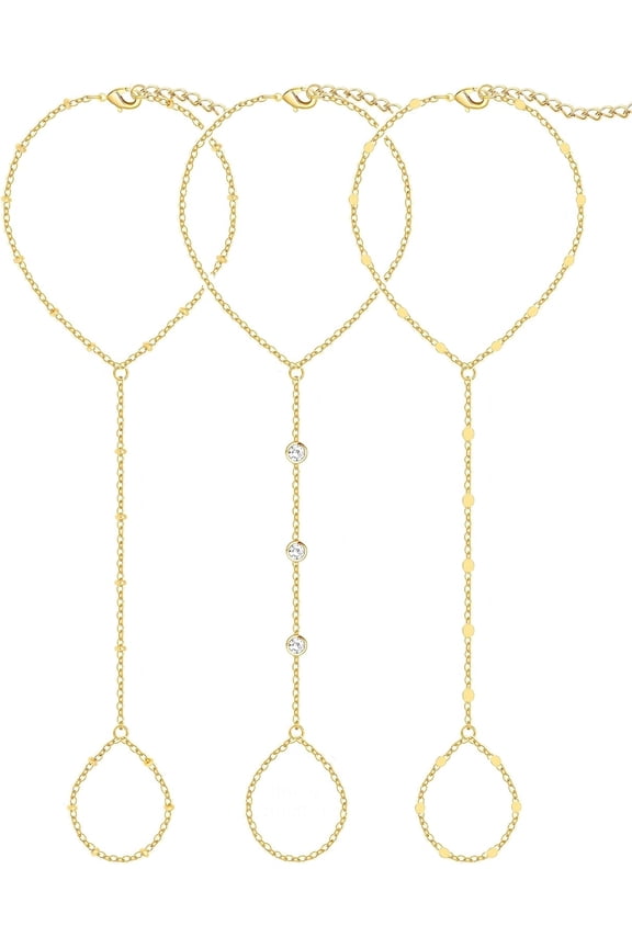 3PCS 14K Gold Plated Hand Chain & Ring Bracelets Set for Women - Adjustable Dainty Stackable Gold Jewelry, Festival & Party Accessories
