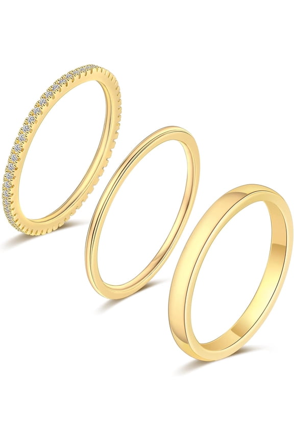 3PCS 14K Gold Plated Rings Stacking Ring for Women Stackable Thin Gold Ring Band Thumb Pointer Finger Plain Ring Statement Band Comfort Fit Size 5-10
