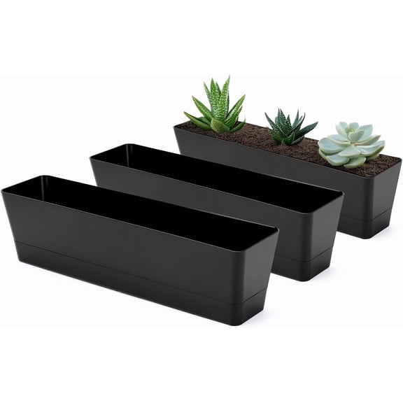 3PCS 16x3.8 Inch Window Boxes Planters, Black Rectangle Planters Box with Drainage Holes and Trays, Herb Succulents Flowers Plastic Pot for Windowsill, Garden, Balcony, Indoor, Outdoor Decor