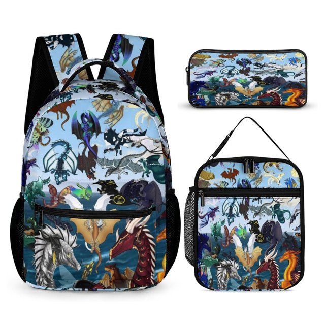 3PCS Backpack Fire Dragons Wings WOF With Lunch Box Pencil Case