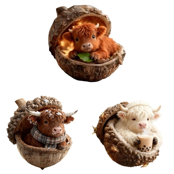 3PCS 2D Acrylic Festive Highland Cow Christmas Ornaments, Acorn Nest Snowy & Boba-Themed Cow Decor, Unique Hanging Ornaments for Xmas Tree, Holiday Farm Decor