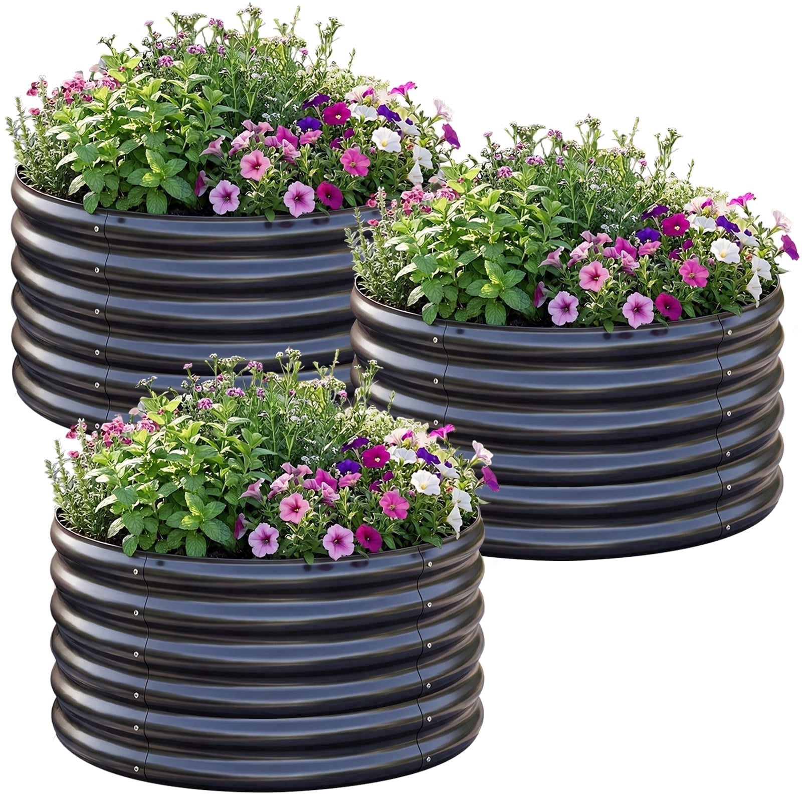 3PCS 2x2x2ft Galvanized Raised Garden Bed Kit Round Metal Flower Box Large Planter Raised Beds Outdoor Garden for Planting,Fruit,Herb Grey