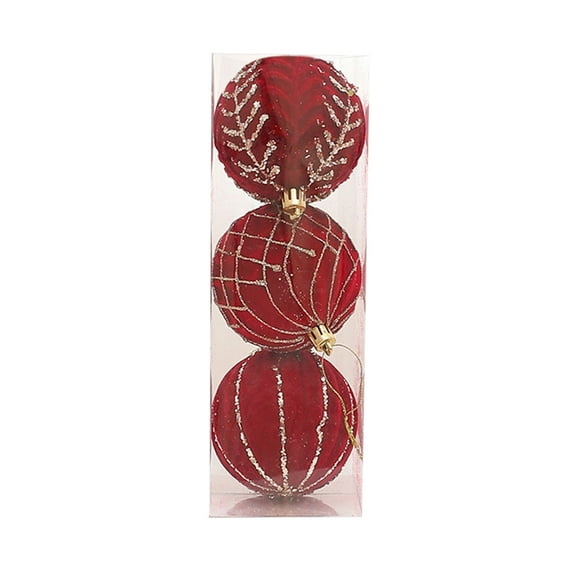 3PCS 3.07 Inch Velvet Christmas Tree Ornaments, Burgundy Flocked Christmas Balls with Hollow Out & Sequin Designs, Shatterproof Plastic Xmas Decor for Tree Garland Wreath