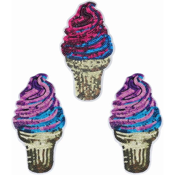3PCS 3 Colors Ice Cream Sequined Applique 4.92x9.21 inch Sew on Polyester Applique Patches Glitter PVC Sequins Patches for Clothes Jackets Pants Backpacks Dress Hats Caps Jeans Mixed Color