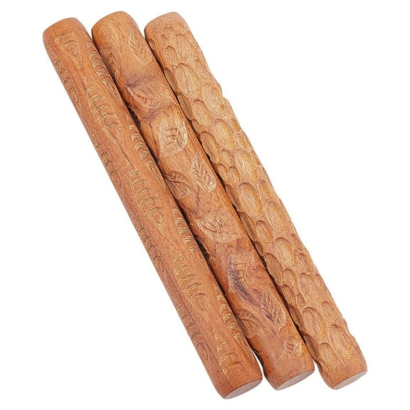 3PCS 3 Styles Wood Grain Roller Stone Leaf Fish Wooden Handle Clay Texture Roller Ripple Wood Hand Rollers Textured Rolling Pins Handmade