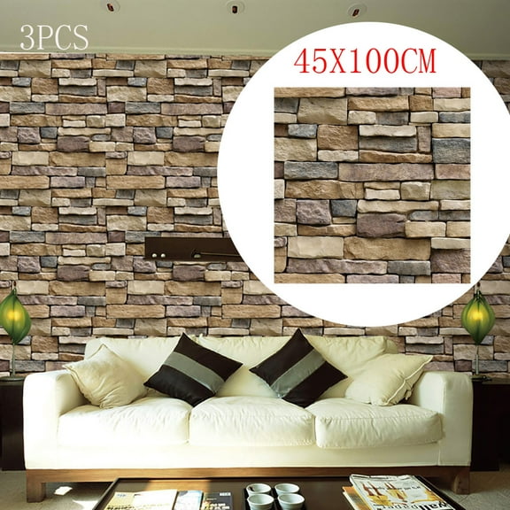3PCS 3D Wall Paper Brick Stone Effect Self-adhesive Wall Sticker 17.7"x39.3" Home Decor Living Room, Bedroom Clearance