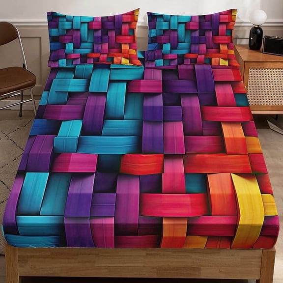 3PCS Woven Geometric Fitted Sheet Set, Deep Pocket, HD Rainbow Print, for Bedroom & Dorm(Multicolored,Queen)