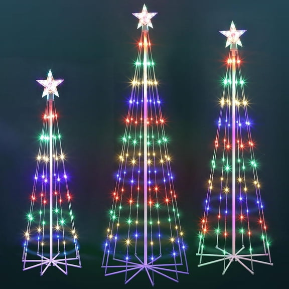 3PCS 4' 5' 6' LED Outdoor Christmas Tree Lights, Outside Lighted Cone Xmas Decor