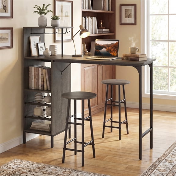 3PCS 48In Oak Bar Table Stools Set Wine Storage 6Bottle Rack Glass Holder Sturdy Industrial Counter Height Pub Table 2Round Stools Tuck Under Space Saving Apartment Kitchen Cafe Dining Rustic Brown