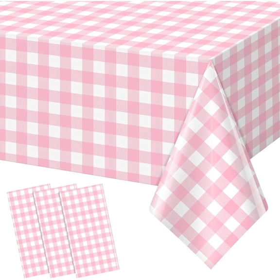 3PCS 54X108inch Pink Checkered Tablecloth - Disposable Plastic Gingham Buffalo Plaid for Birthday Baby Shower Wedding Party Decor