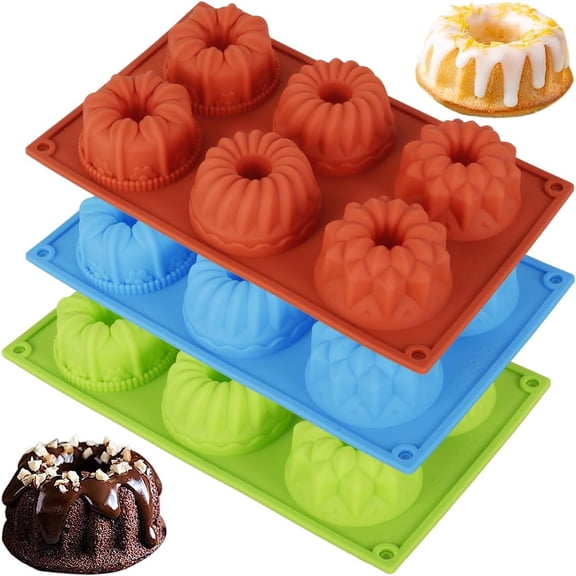 3PCS 6-Cavity Mini Fluted Tube Pan,Mini Bundt Cake Pan,Bundtlette Cake Silicone Mold for Baking,Non Stick Fancy Molds for Fluted Tube Cake