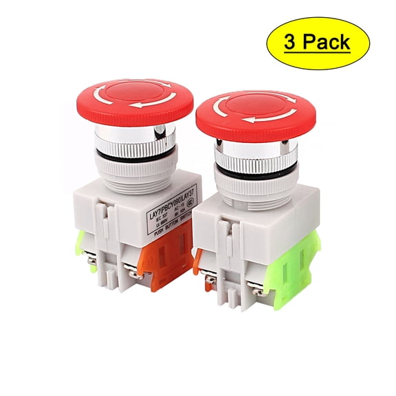 3PCS 600V 10A Self-locking Stop Red Mushroom Push Switch