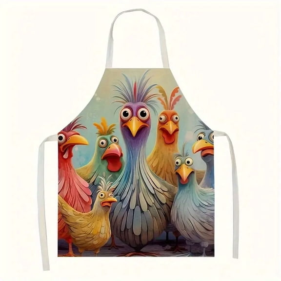 3PCS Adult Size Vibrant Linen Apron - Colorful Chicken Pattern, Sleeveless Design - Perfect for Home Cooking, Kitchen Wear, and Cooking Enthusiasts