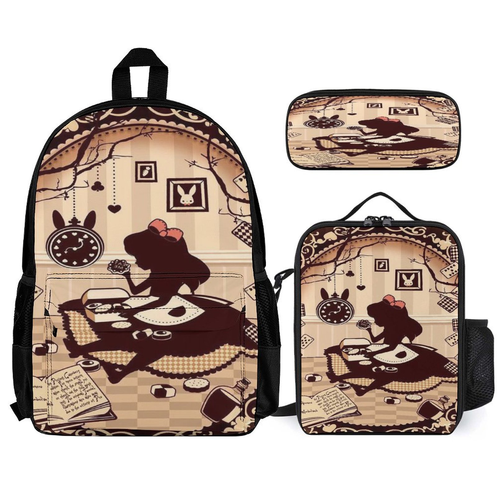 3PCS Alice in Wonden-Lan Backpacks Set Backpack with Lunch Box Pencil ...