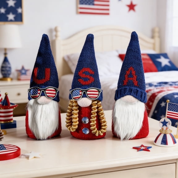 3PCS American Independence Day Gnome Doll with Hat - Faceless Forest Old Man Figurine, Patriotic Home Decor Collectible for 4th of July
