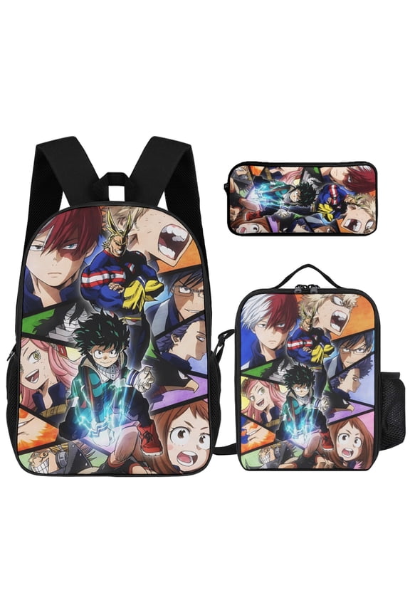 3PCS Anime Character Collage Backpack Set, Casual Daily Use Bag with Lunch Bag & Pencil Case