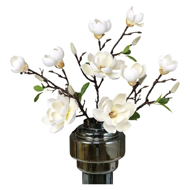 3PCS Artificial Magnolia Flowers Realistic Long Stem White Silk