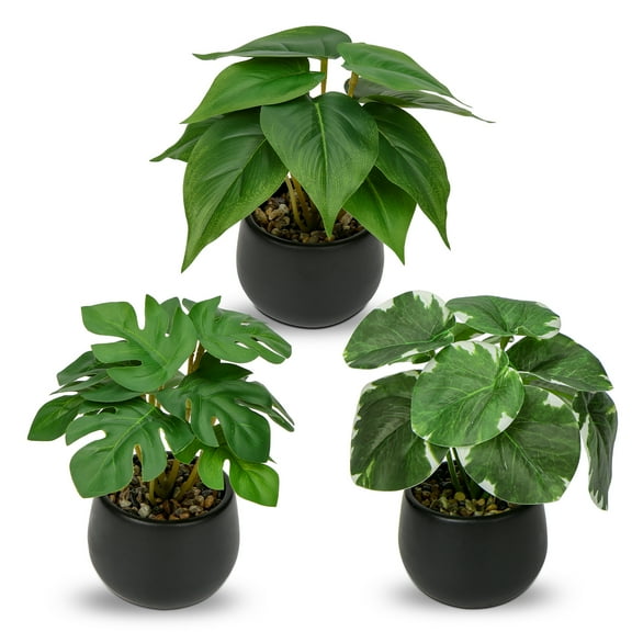 3PCS Artificial Plants Potted Mini Fake Plants in Black Ceramic Pots Faux Greenery Plants Home Décor