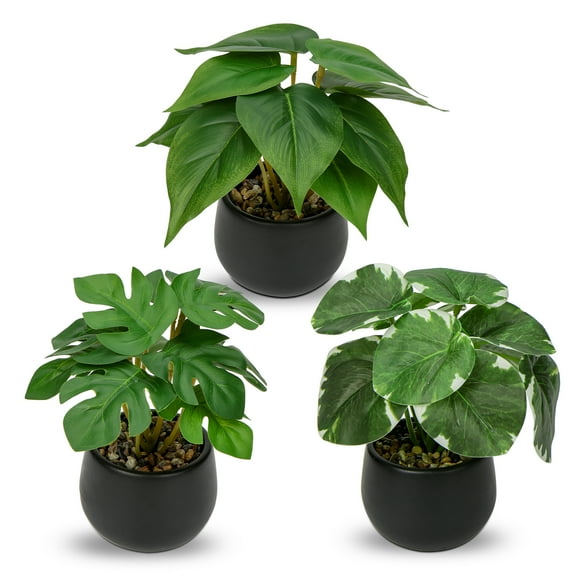 3PCS Artificial Plants Potted Mini Fake Plants in Black Ceramic Pots Faux Greenery Plants Home Décor
