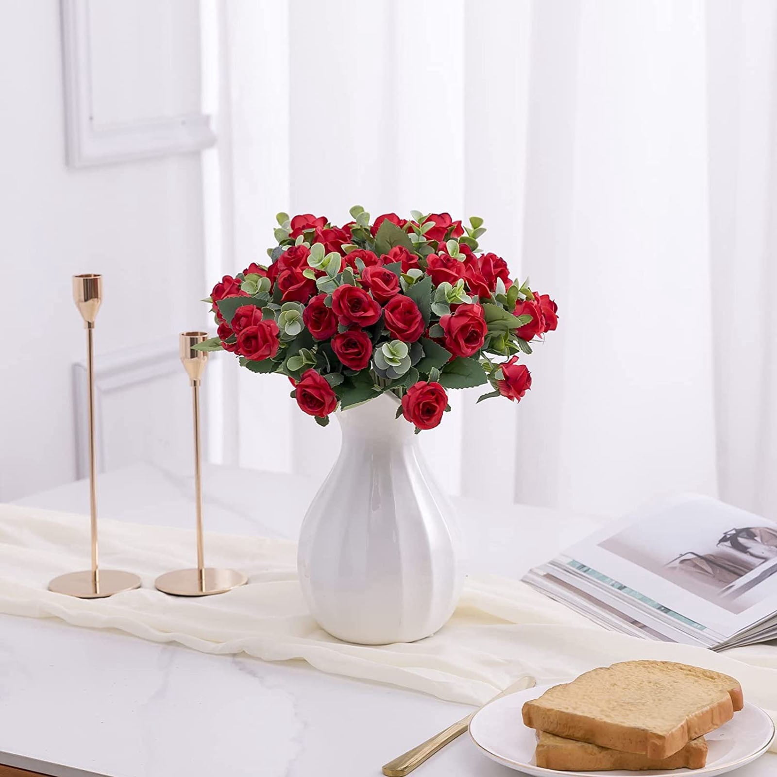3PCS Artificial Rose Flower Realistic Silk Roses Stem Roses Bouquet for ...