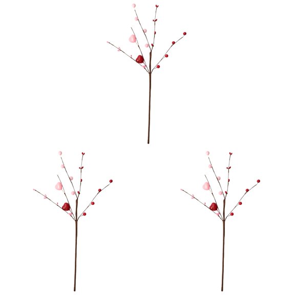 3PCS Artificial Valentine Heart Picks With Red Berries Long Stem Decorative Flowers For Home Table Centerpiece Gift Exchange Anniversary