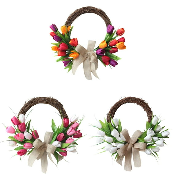 3PCS Assorted Artificial Tulip Wreath - 15.75 Inch Chic Rattan Tulip Half Circle Wreath, Spring Front Door Garland with Silk Flowers for Home & Wall Decoration