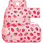 3PCS Backpack for Girls, 17" Water Resistant School Bag with Lunch Box, Cute Strawberry Bookbag Set for Women College Teenagers High Middle Elementary