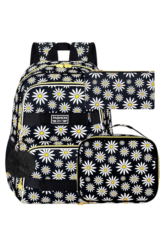 3PCS Backpack for Girls, Water Resistant Bookbag With Lunch Box, 17 Inch School Bag Set for College Teenagers Senior Junior Elementary - Black Chrysanthemum