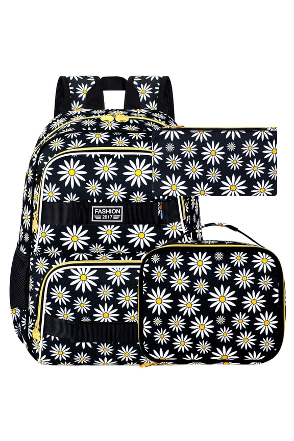 3PCS Backpack for Girls, Water Resistant Bookbag With Lunch Box, 17 Inch School Bag Set for College Teenagers Senior Junior Elementary - Black Chrysanthemum