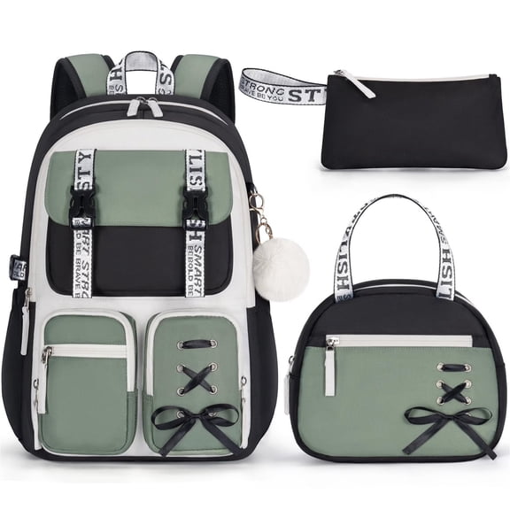 3PCS Backpack Set - Waterproof Backpack with Lunch Bag Pencil Case, Cute Teens Bookbag for Travel Daypacks, Green Black