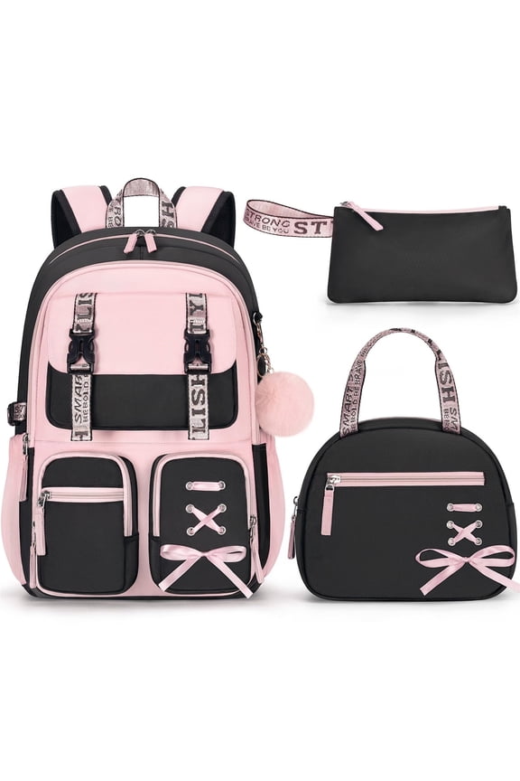 3PCS Backpack Set, Waterproof Backpack with Lunch Box & Pencil Case for Travel Daypacks (Black Pink)