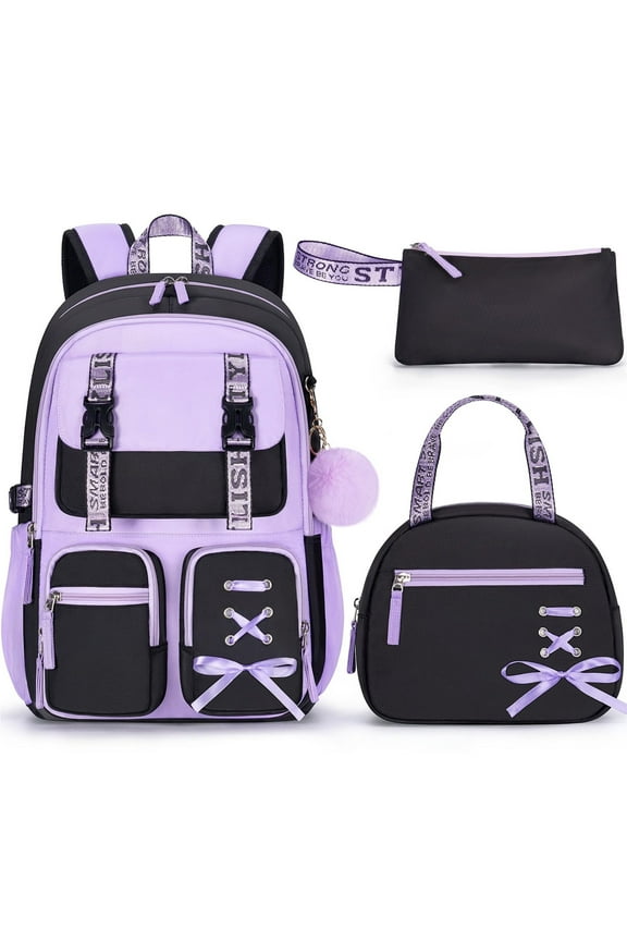 3PCS Backpack Set, Waterproof Backpack with Lunch Box & Pencil Case for Travel Daypacks (Black Purple)