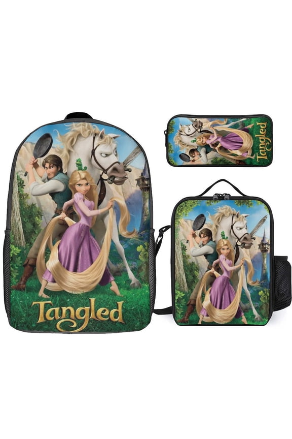 3PCS Backpack Set with Lunch Bag Pencil Case Tangled Bookbags Knapsack Daypack Outdoor for Men Women