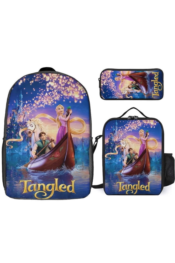 3PCS Backpack Set with Lunch Bag Pencil Case Tangled Bookbags Knapsack Daypack Outdoor for Men Women