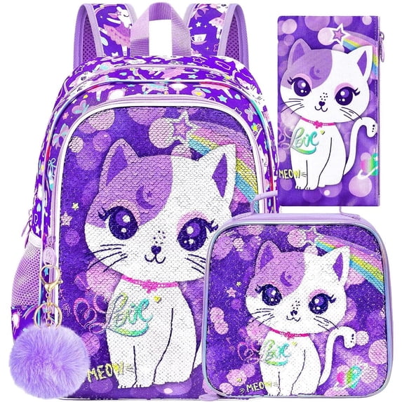 3PCS Backpack for Girls, 16" Kids Cat Sequins Bookbag with Lunch Box ...