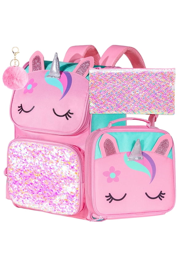 3PCS Backpack for Girls and Boys, 15" Unicorn Dinosaur Bookbag Set with Lunch Box, Kids Preschool School Bag
