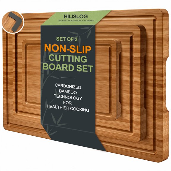 3PCS Bamboo Cutting Boards Set with Non Slip and Juice Groove Large Solid Wooden Cutting Board for Kitchen Non Toxic Bamboo Charcuterie Boards for Kitchen Counter Meat Butcher Block Chopping Board