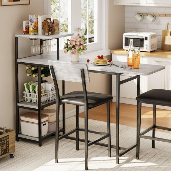 3PCS Bar Table Set for 2, Expandable Kitchen Dining Table with 2 Stools, Counter Height Bar Table and Chair Set with Storage Shelf & Wine Rack